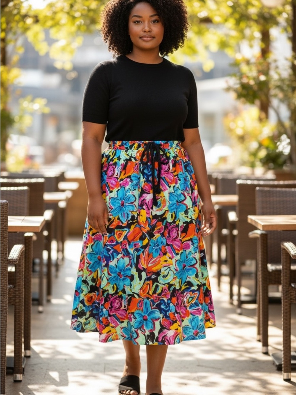 Floral vintage midi skirt sz M drawstring waist‎ 100% cotton